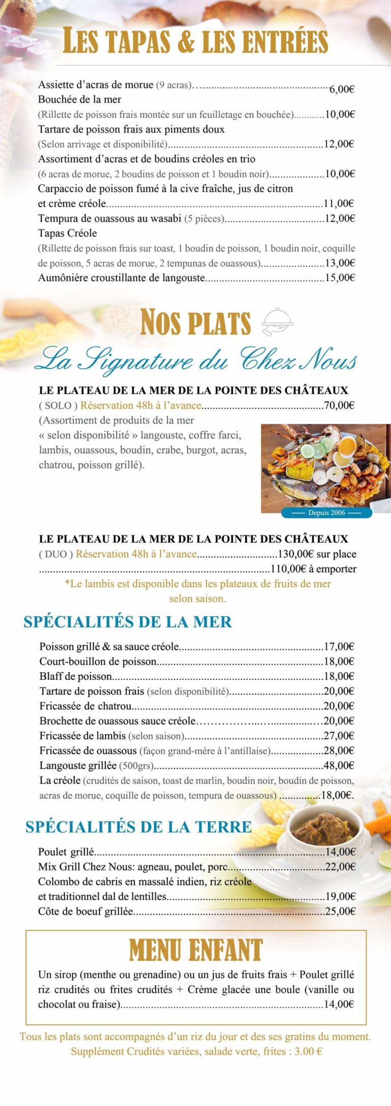 Restaurant CHEZ NOUS GUADELOUPE POINT DES CHÂTEAUX Cuisine